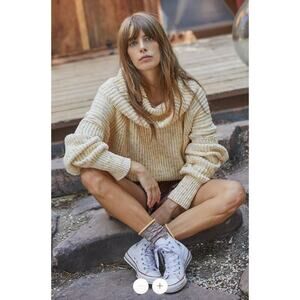 Free People Leo Tunic Oversized Sweater Yellow/Cream Combo XS